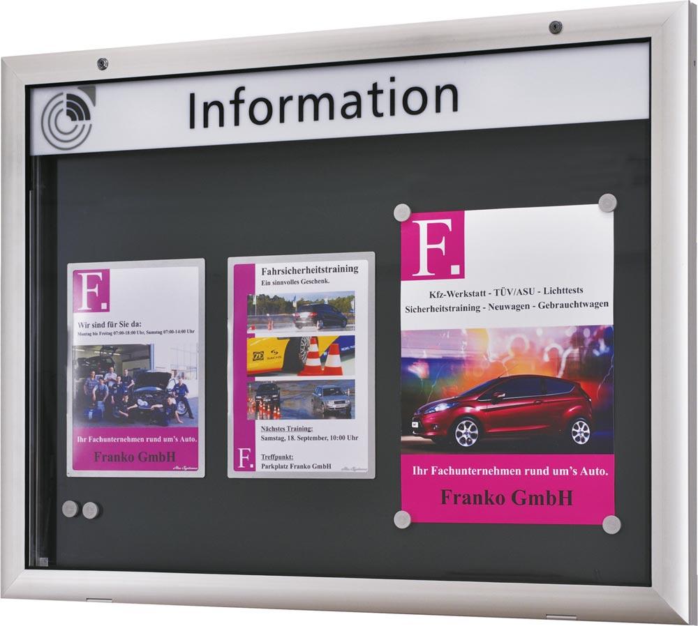 Flachschaukasten, BxTxH 540x43x800 mm, DIN A2 hoch, Aluprofile, ESG-Glas, Rückwand weiß, inkl. 10 Magnete + 1 Einstecktasche