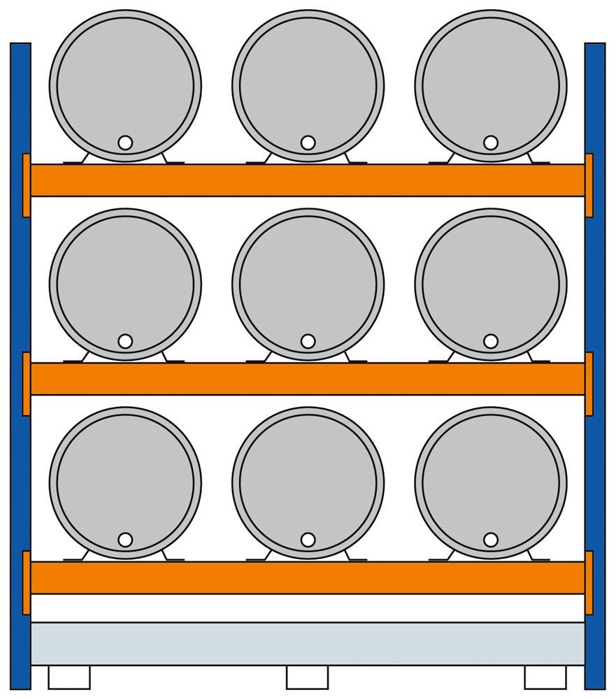 Fassregal, GF, für 9x200 l-Fässer, liegende Lagerung, mit Auffangwanne 375 l, BxTxH 2225x850x2500 mm