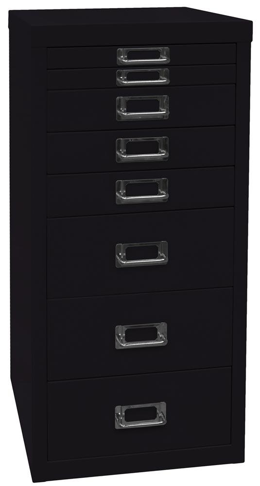 Büro-Schubladenschrank, BxTxH 279x380x590 mm, 8 Schubladen 2x25, 3x51, 3x102 mm, DIN A4, schwarz