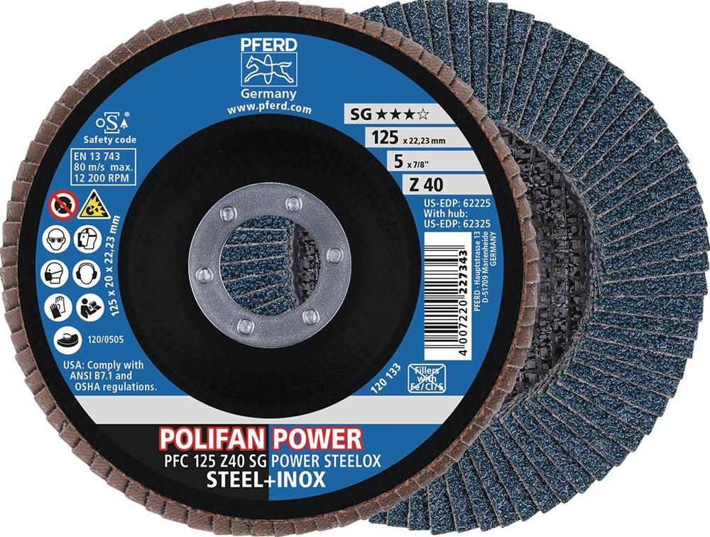 Fächerscheibe POLIFAN Z SG POWER STEELOX Ø 125 mm Körnung 40 INOX Zirkonkorund Ausführung flach Fächerscheibe POLIFAN Z SG POWER STEELOX Ø 125 mm Körnung 40 INOX Zirkonkorund Ausführung flach