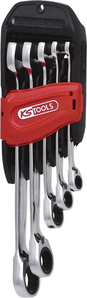 Ratschen-Ringmaulschlüssel-Satz GEARplus, umschaltbar, 5tlg., 8-19 mm, Klemmhalter