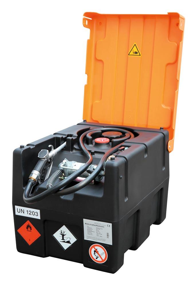 Mobile Benzintankstation, Volumen 120 l, mit Handpumpe, BxTxH 800x600x470 mm, Gewicht 26 kg, mit Klappdeckel