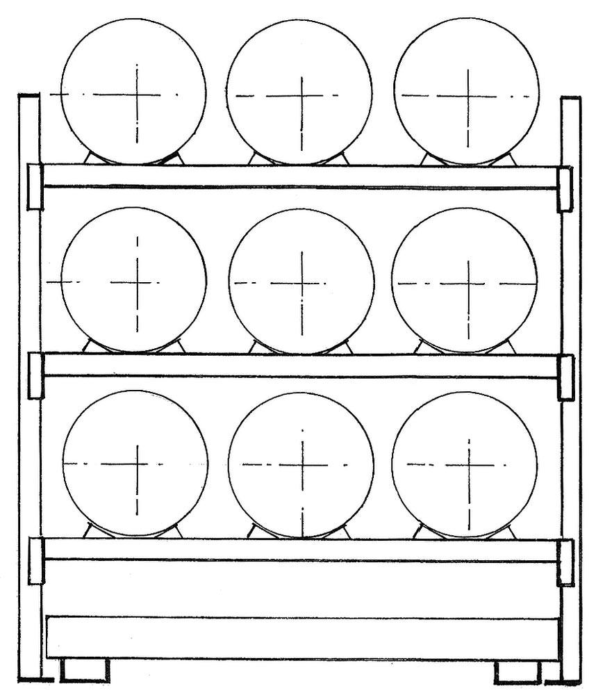 Fassregal, GF, für 9x200 l-Fässer, liegende Lagerung, mit Auffangwanne 375 l, BxTxH 2225x850x2500 mm