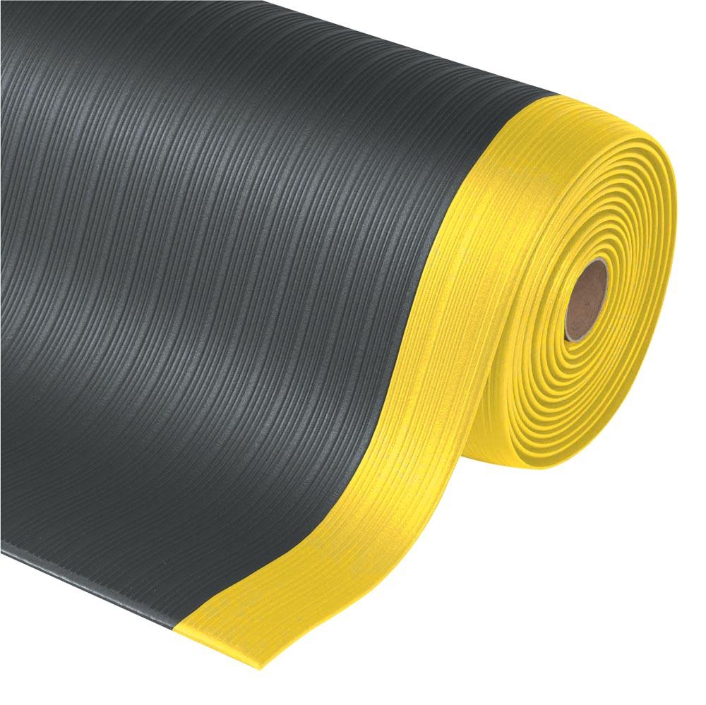 Arbeitsplatzbodenbelag aus Vinyl, Mattenware gerillt, Farbe schwarz/gelb, LxB lfd. mx910 mm, Höhe 9 mm, lfm