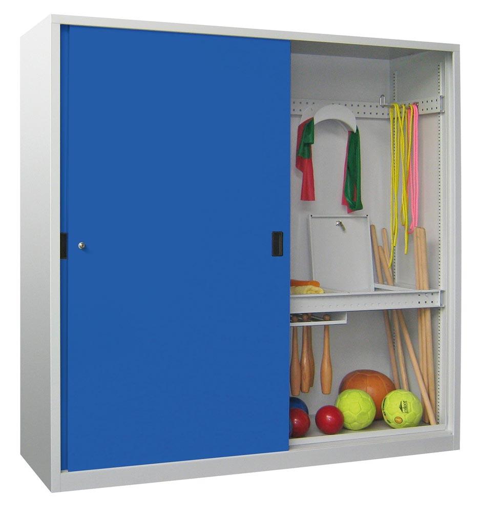 Ballschrank m. Vollblech Schiebetüren, BxTxH 2000x600x1950 mm, 4 Böden, 3 Längs- 4 Quertraversen, Wertfach, Schloss, RAL 7035/5010
