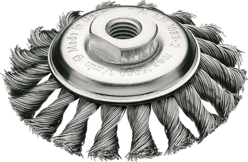 Zopfkegelbürste Ø 100 mm Gewinde Drahtstärke 0,5 mm Stahl 12 mm 15000 min- Zopfkegelbürste Ø 100 mm Gewinde Drahtstärke 0,5 mm Stahl 12 mm 15000 min-