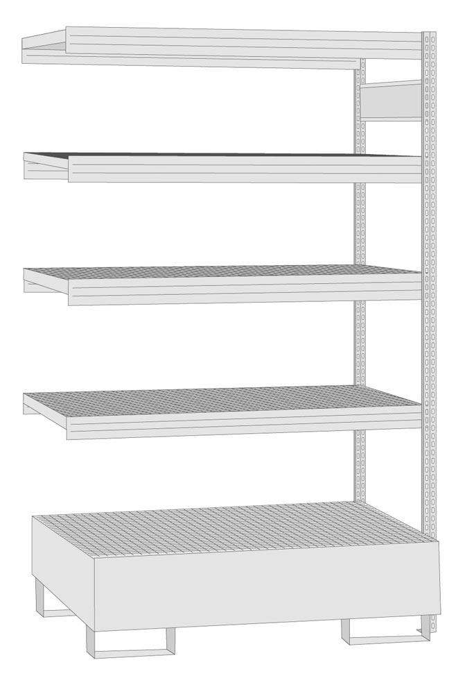 Umweltregal, Anbaufeld, offener Rahmen, mit 4 Gitterrost-Fachebenen und Auffangwanne Auffangvolumen 210 l, BxTxH 1285x600x2500 mm