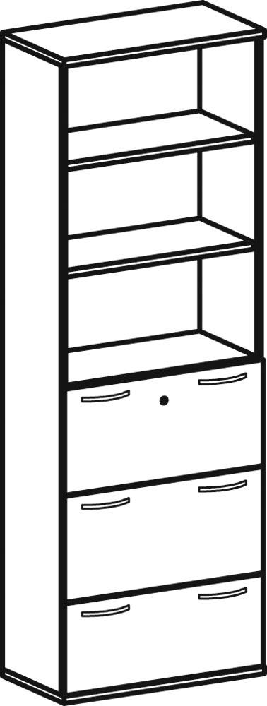 Büro-Flügeltürenschrank, BxTxH 800x425x2304 mm, 6 OH, 2 Böden, 3 Hängeregistraturen, Schloss, weiß