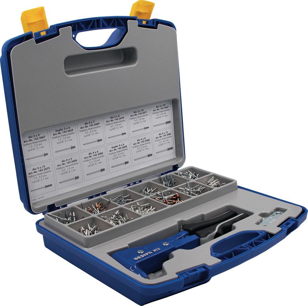 Blindnietsortiment Nietbox 942-teilig NTX u.Blindniete Alu/Stahl, Kupfer/Stahl i.Kunststoffkoffer