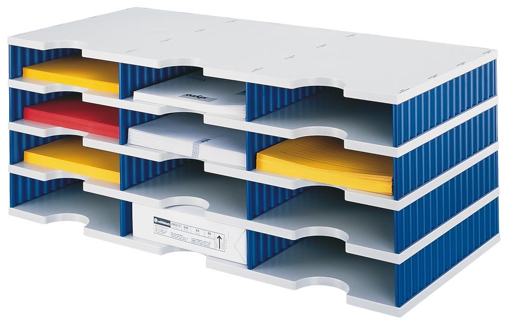 Ablage- und Sortiersystem, Grundmodul, 3x4 Fächer, BxTxH 723x331x293 mm, Polystyrol, grau/blau