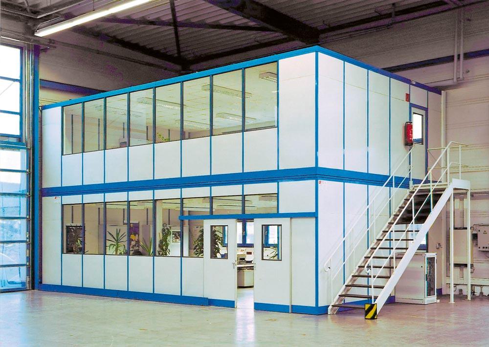 Sichtwandelement, Tür mit Fenster, Breite 1000 mm, RAL 9002 grauweiß, Rahmen RAL 5010 enzianblau