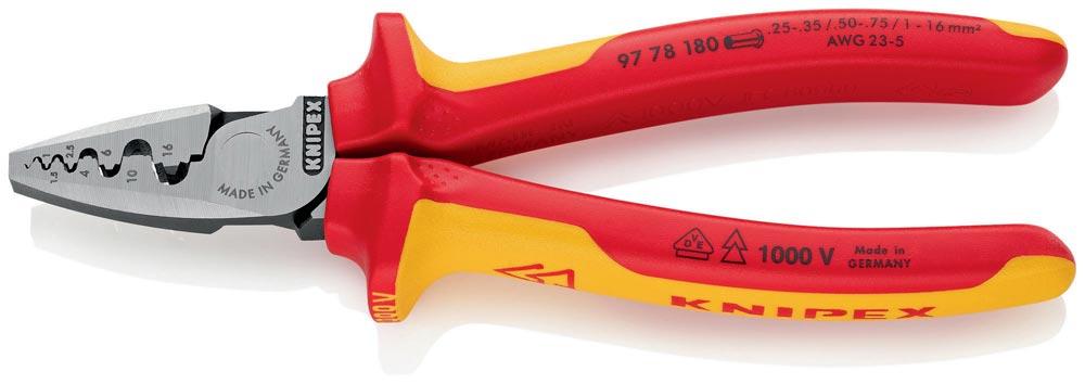 Aderendhülsenzange Gesamtlänge 180 mm 0,25 - 16,0 (AWG 23 - 5) mm poliert Mehrkomponenten-Hüllen VDE Aderendhülsenzange Gesamtlänge 180 mm 0,25 - 16,0 (AWG 23 - 5) mm poliert Mehrkomponenten-Hüllen VDE