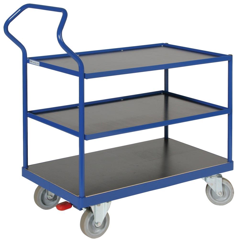 Ergonomischer Tischwagen, 3 Ladeflächen LxB 1200x800 mm, Außenmaße LxBxH 1426x800x1256 mm, Traglast 500 kg