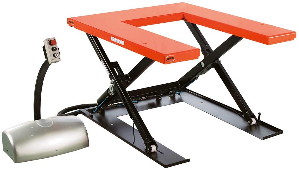 Flachform-Hubtisch, Traglast 1000 kg, U-Form-Tischplatte LxB 1450x1140 mm, Nutzhub 760 mm, Motor 400 V /0,75 kW