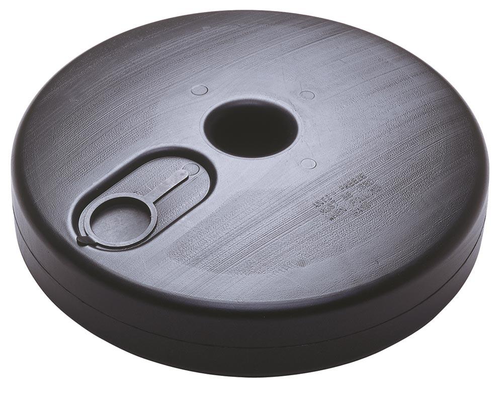 Ketten-Sperrpfosten, Kunststofffuß dreieckig betongefüllt 2,9 kg, Pfosten aus Kunststoff schwarz-gelb, 870 mm hoch, Durchm. 40 mm