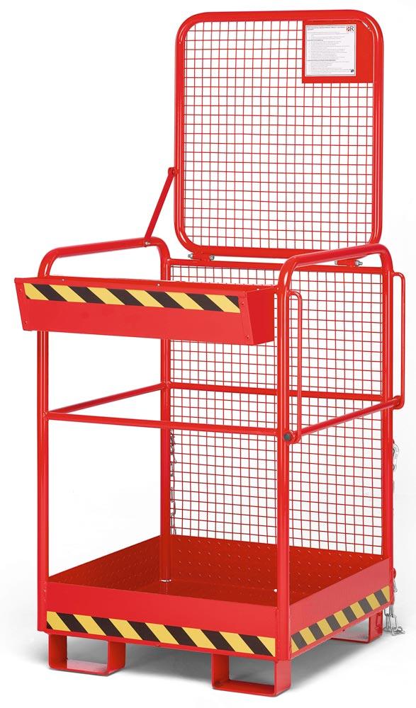 Arbeitskorb mit Aufnahme von der breiten Seite, Zulässig für 2 Personen, BxTxH 800x800x1900 mm, Traglast 240 kg, RAL 3000 feuerrot