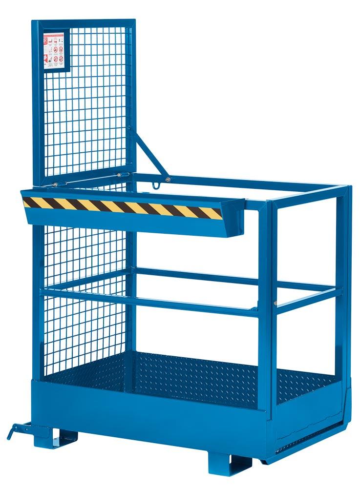 Arbeitskorb mit Aufnahme von der schmalen Seite, Zulässig für 2 Personen, BxTxH 800x1200x1900 mm, Traglast 300 kg, RAL 5010 enzianblau