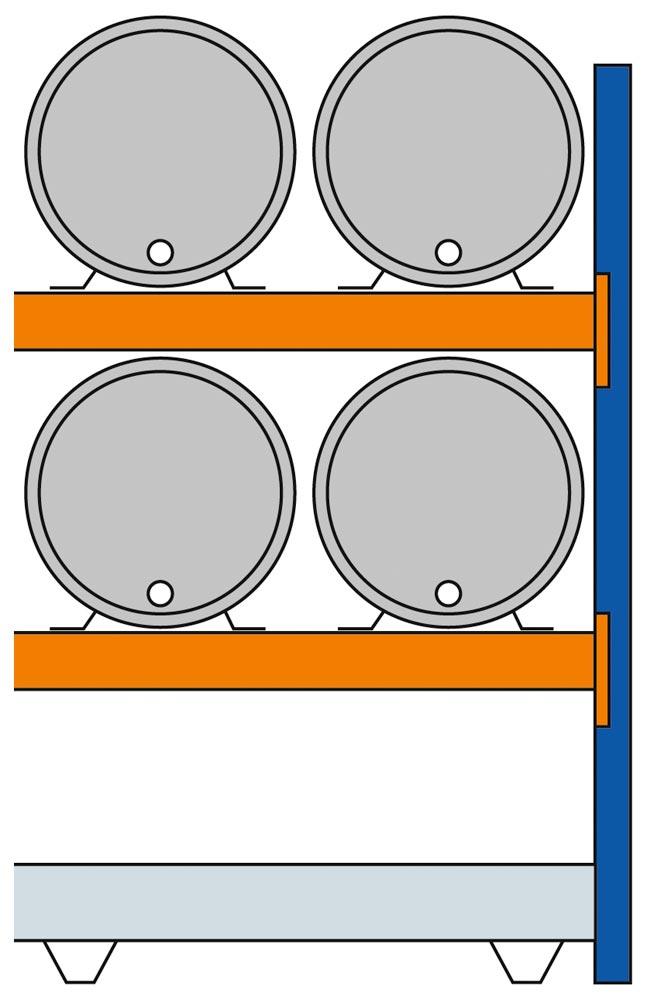 Fassregal, AF, für 4x200 l-Fässer, liegende Lagerung, mit Auffangwanne 285 l, BxTxH 1350x850x2000 mm