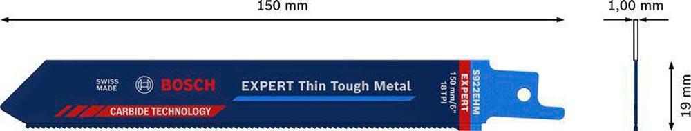 Säbelsägeblatt Expert Thin Tough Metal Länge 150 mm Breite 19 mm Zahnteilung TPI 18 1,4 mm S-Schaft 1 Stück / Karte