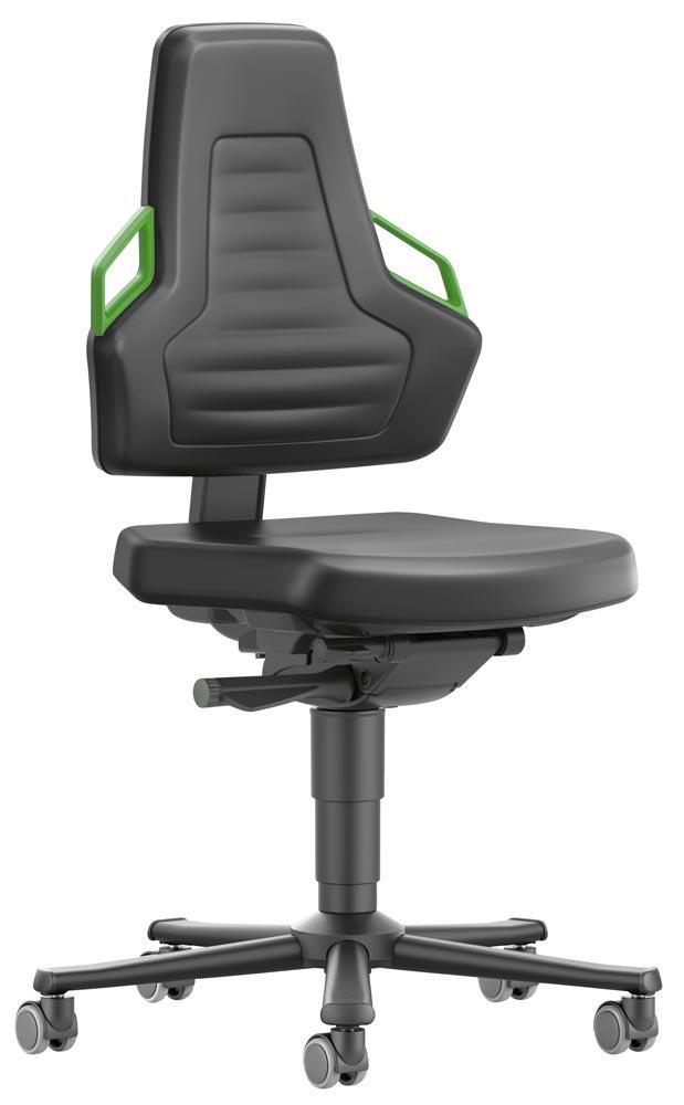 Arbeitsdrehstuhl mit autom. Gewichtregulierung, Sitz Kunstleder schwarz, Griffe grün, Rollen, Sitz Höhe 450-600 mm