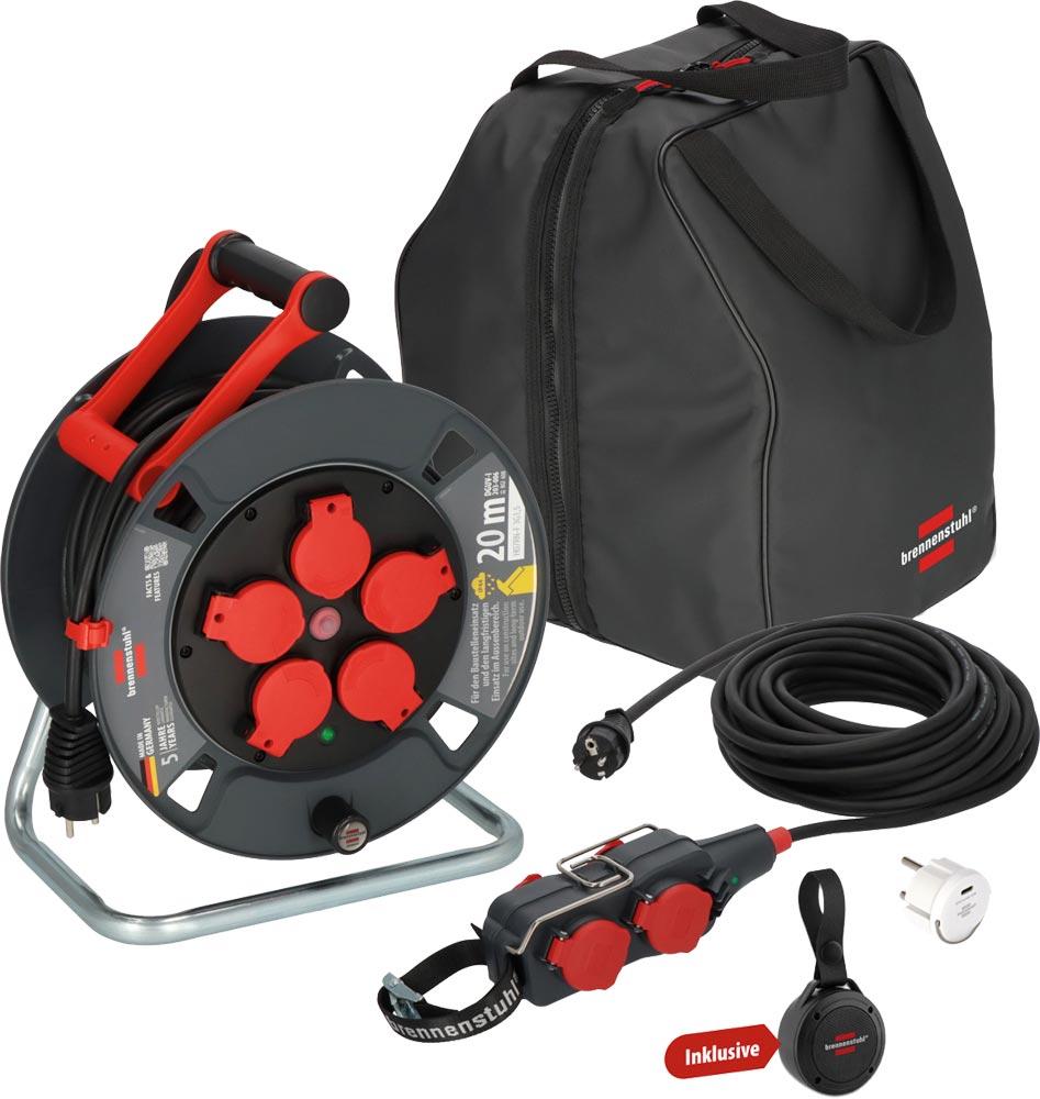 Kabeltrommel-Set Kabeltrommel 20m, Powerblock, USB Steckdosenadap in Tasche