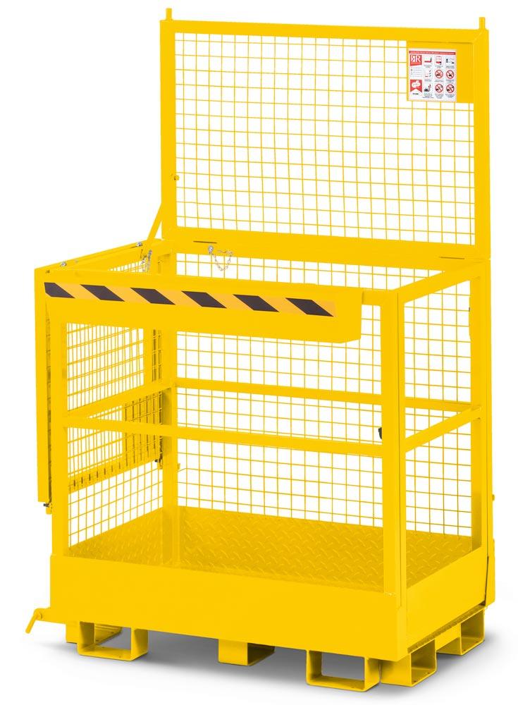 Arbeitskorb mit Aufnahme von der Breitseite und der Schmalseite, für 2 Personen, BxTxH 1200x800x1950 mm, Traglast 300 kg, RAL 1023 verkehrsgelb