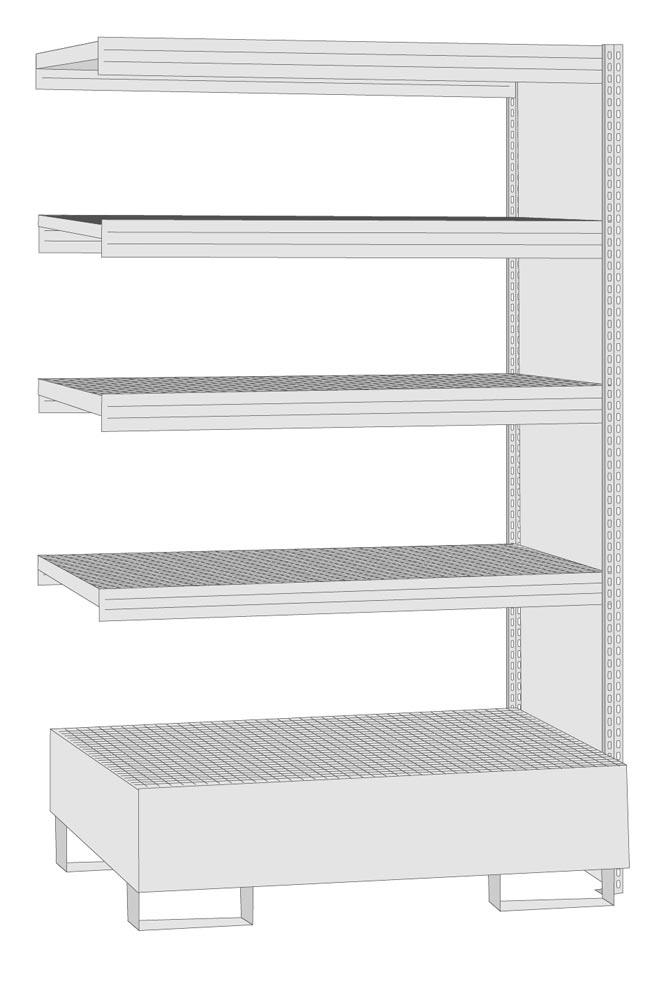 Umweltregal, Anbaufeld, geschlossene Rahmen, mit 4 Gitterrost-Fachebenen und Auffangwanne Auffangvolumen 210 l, BxTxH 1285x600x2500 mm