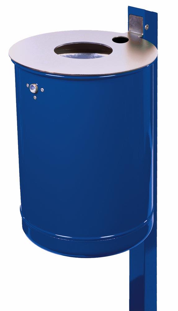 Abfallbehälter mit Ascher 50 l, m. Edelst.-Deckelscheibe DxH 380x515 mm, inkl. Q-Rohrpfosten zum Einbetonieren, Einsatzbehälter, RAL 5013