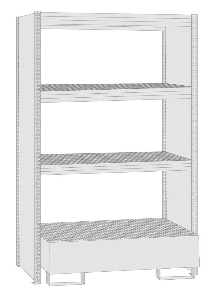 Umweltregal, Grundfeld, geschlossene Rahmen, mit 3 Gitterrost-Fachebenen und Auffangwanne Auffangvolumen 210 l, BxTxH 1285x600x2000 mm