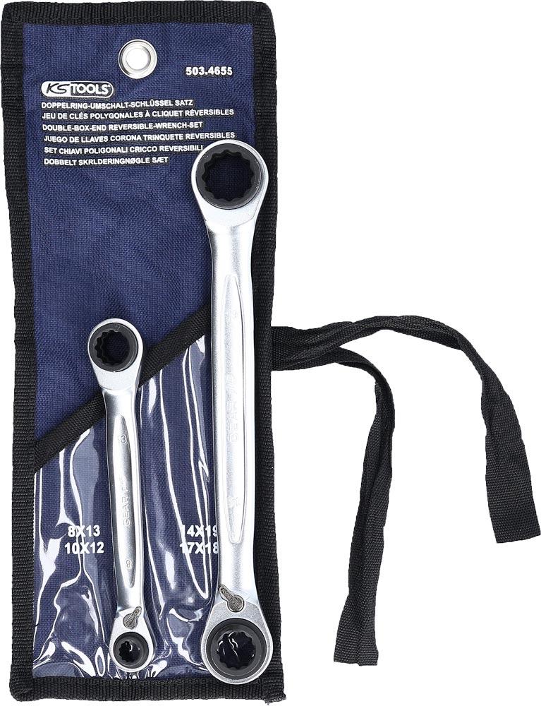 Doppel-Ratschenringschlüssel-Satz GEARplus 4 in 1, umschaltbar, 2tlg., 8-19 mm, Rolltasche