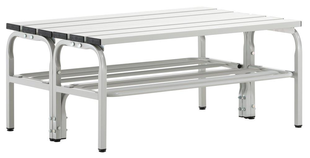 Doppelseitige Garderobenbank, mit Schuhrost, Edelstahl/Alu, TxH 700x450 mm, Länge 1015 mm, RAL 7035