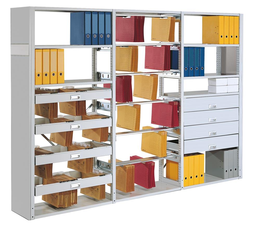 Archiv-Steckregal, Anbaufeld, doppelseitig, 2x7 Pendelstangen, Traglast je Pendelstange 40 kg, BxTxH 1130x700x2200 mm, RAL 7035 lichtgrau