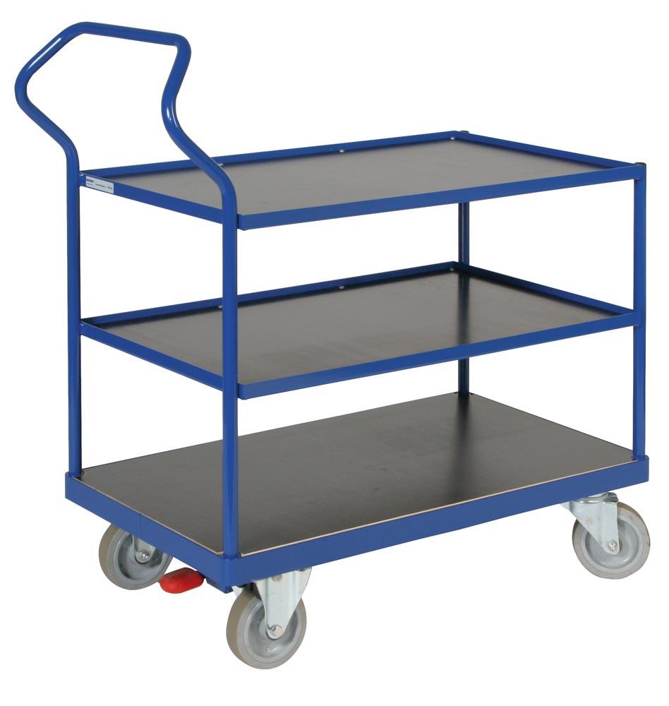 Ergonomischer Tischwagen, 3 Ladeflächen LxB 850x500 mm, Außenmaße LxBxH 1076x500x1256 mm, Traglast 500 kg