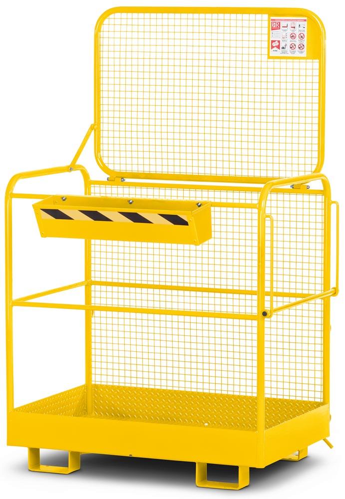 Arbeitskorb mit Aufnahme von der breiten Seite, Zulässig für 2 Personen, BxTxH 1200x800x1990 mm, Traglast 300 kg, RAL 1023 verkehrsgelb