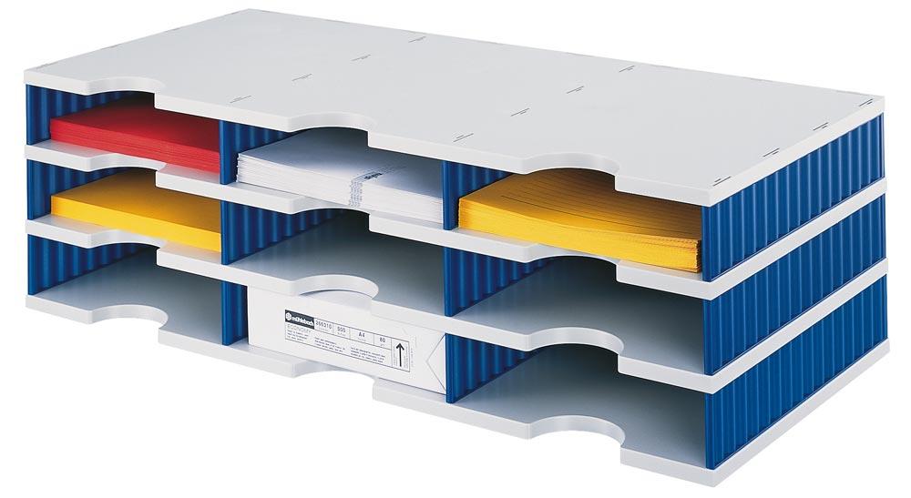 Ablage- und Sortiersystem, Grundmodul, 3x3 Fächer, BxTxH 723x331x223 mm, Polystyrol, grau/blau