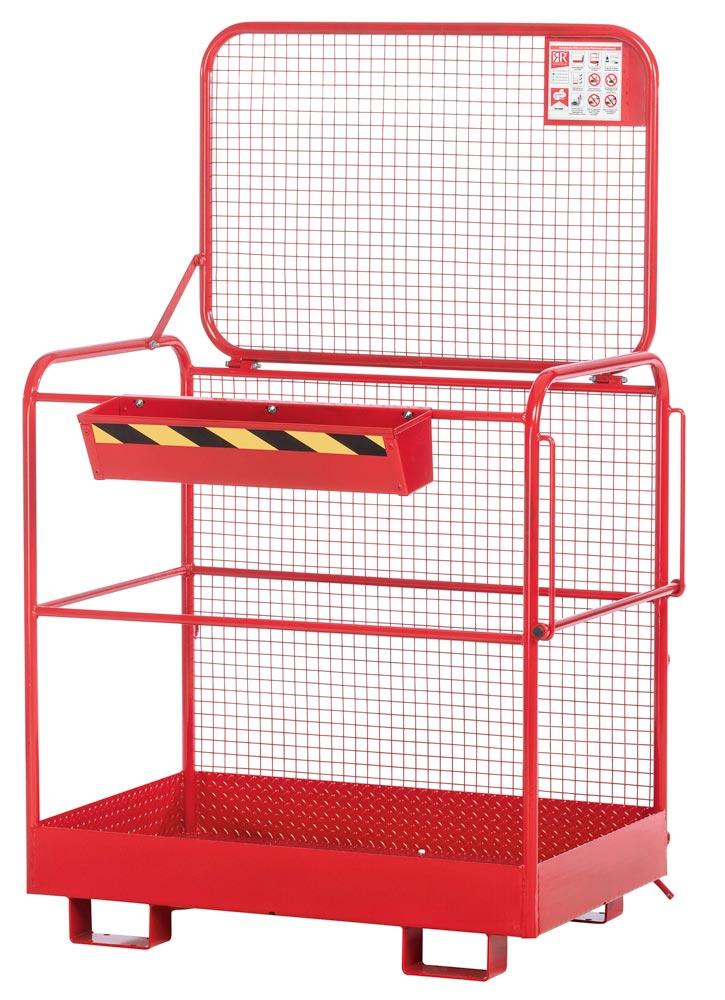 Arbeitskorb mit Aufnahme von der breiten Seite, Zulässig für 2 Personen, BxTxH 1200x800x1990 mm, Traglast 300 kg, RAL 3000 feuerrot