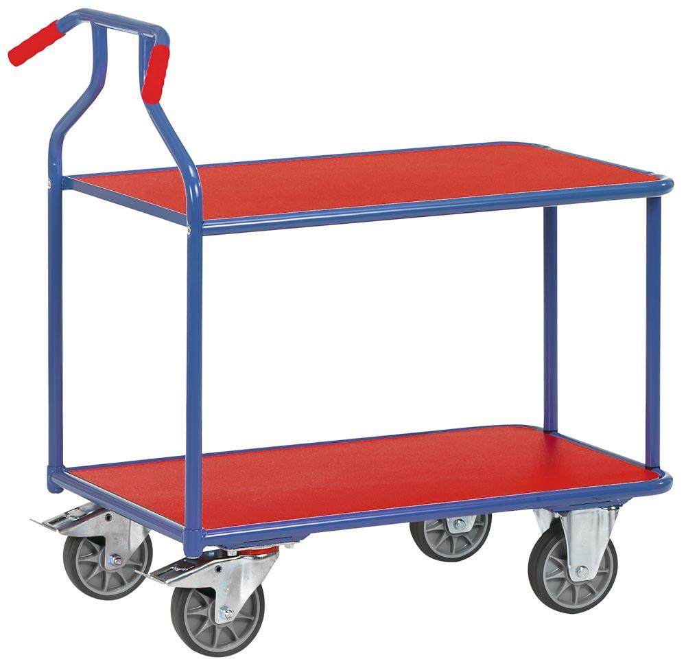 Optiliner-Tischwagen, 2 Ladeflächen LxB 900x600 mm, Außenmaße LxBxH 1115x600x1030 mm, Traglast 400 kg, blau/rot