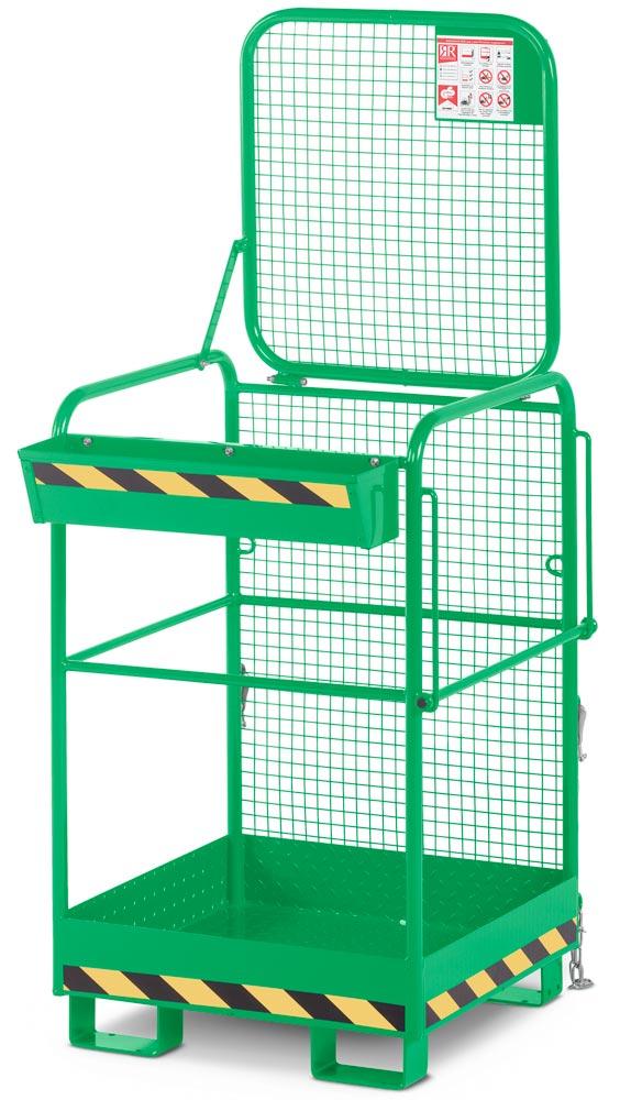 Arbeitskorb mit Aufnahme von der breiten Seite, Zulässig für 2 Personen, BxTxH 800x800x1900 mm, Traglast 240 kg, RAL 6018 gelbgrün